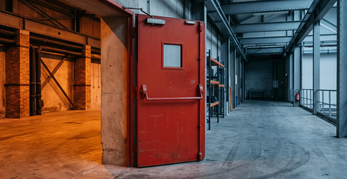 Porte coupe-feu métallique fermée dans un entrepôt industriel français, symbole du compartimentage actif contre la propagation d'un incendie