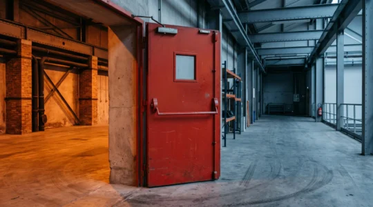 Porte coupe-feu métallique fermée dans un entrepôt industriel français, symbole du compartimentage actif contre la propagation d'un incendie
