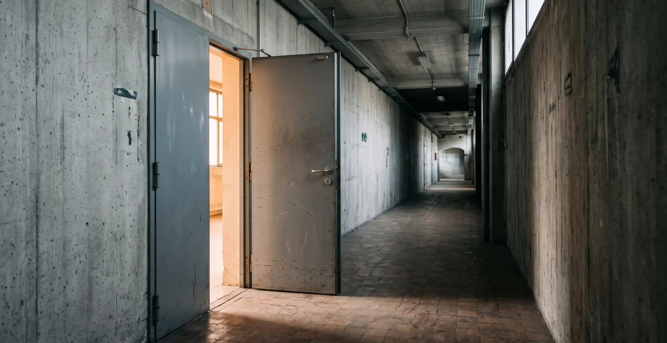 Porte coupe-feu métallique entrouverte dans un couloir industriel français, symbolisant la protection incendie et le compartimentage