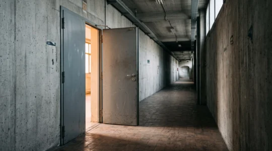Porte coupe-feu métallique entrouverte dans un couloir industriel français, symbolisant la protection incendie et le compartimentage