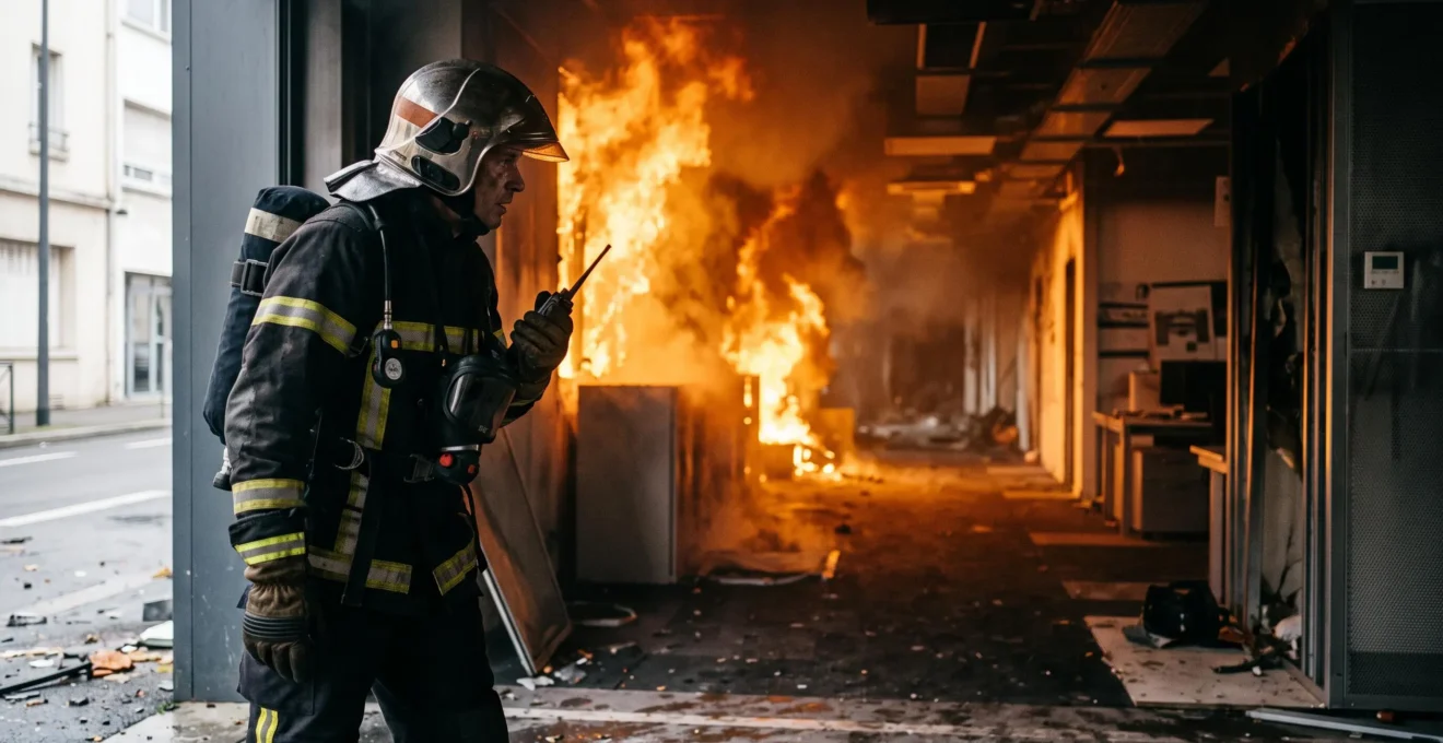 Vue large d'un plateau de bureaux français envahi par une propagation rapide de fumée et de flammes, illustrant la vitesse de destruction d'un incendie