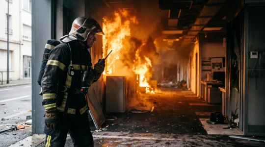 Vue large d'un plateau de bureaux français envahi par une propagation rapide de fumée et de flammes, illustrant la vitesse de destruction d'un incendie