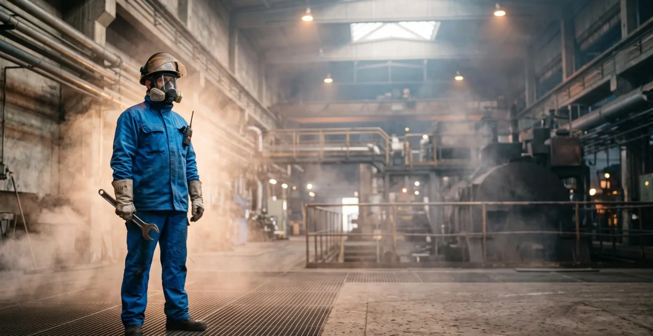 Employe equipe de vetements de protection ignifuges intervenant face a des fumees et de la chaleur intense en usine francaise