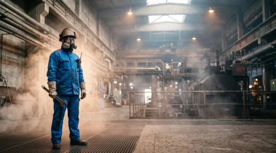Employe equipe de vetements de protection ignifuges intervenant face a des fumees et de la chaleur intense en usine francaise