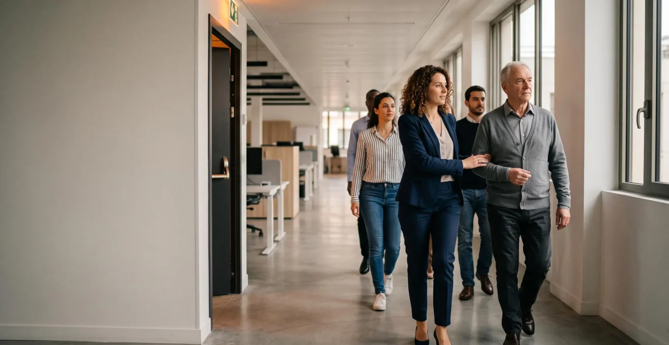 Une équipe de salariés en France s'entraînant calmement à une procédure d'évacuation incendie dans un bureau moderne