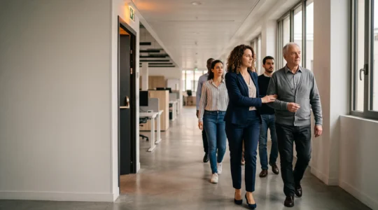 Une équipe de salariés en France s'entraînant calmement à une procédure d'évacuation incendie dans un bureau moderne