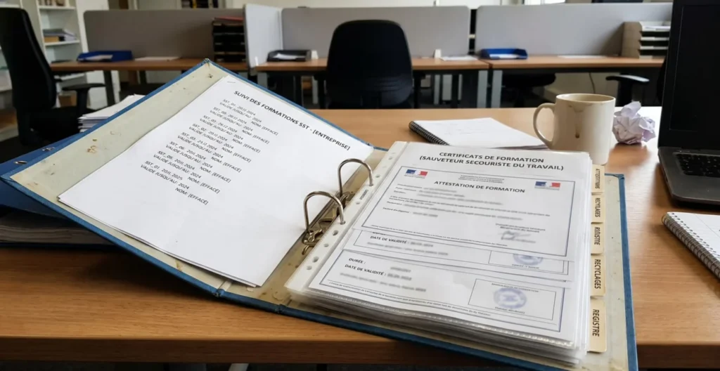 Registre de suivi des formations sécurité et attestations rangées dans classeur professionnel