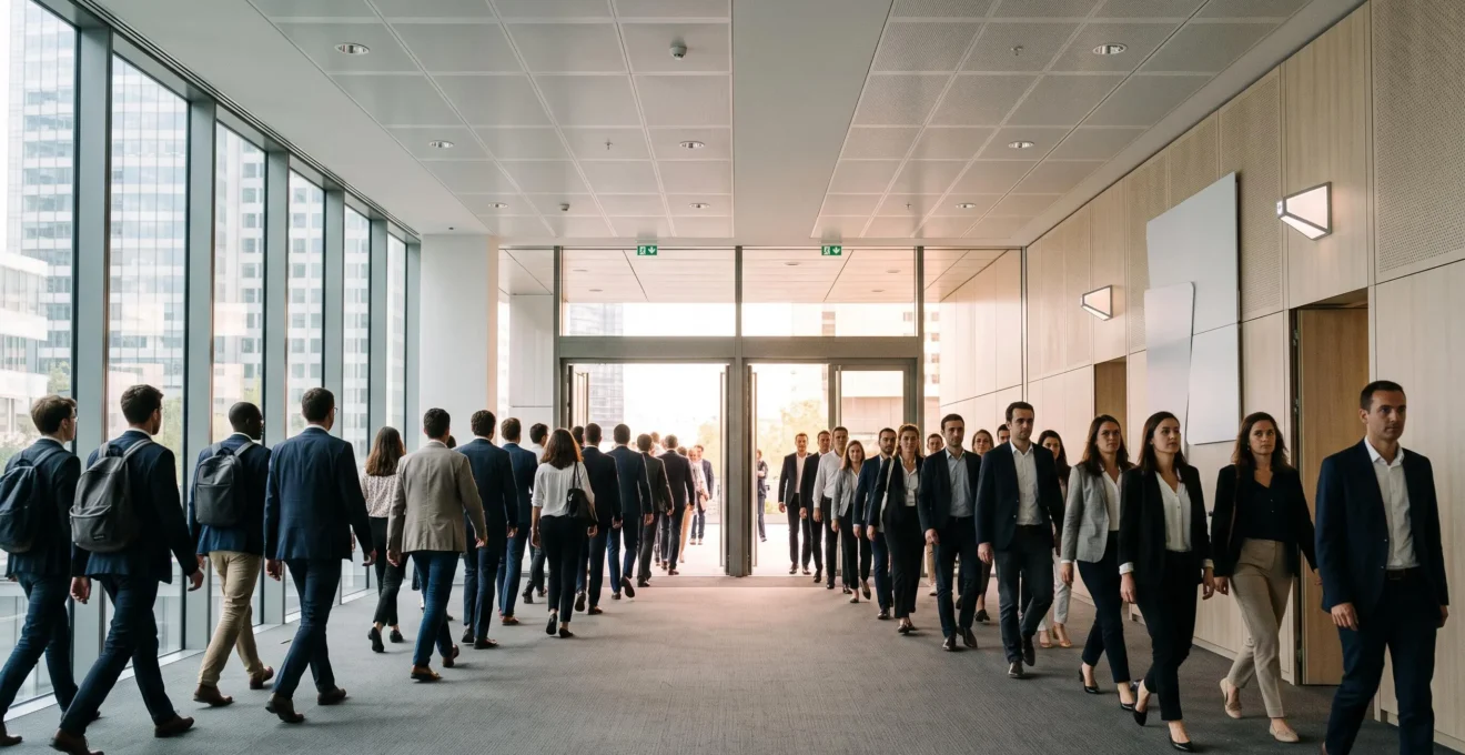 Salariés évacuant calmement un immeuble de bureaux moderne en France grâce à des flux de circulation réorganisés