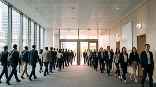 Salariés évacuant calmement un immeuble de bureaux moderne en France grâce à des flux de circulation réorganisés