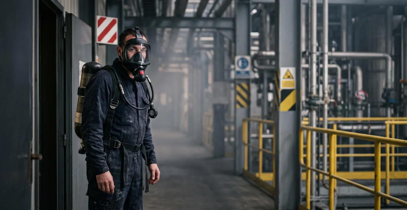 Salarie d'une entreprise industrielle francaise portant un appareil respiratoire isolant avant une intervention en zone a risque