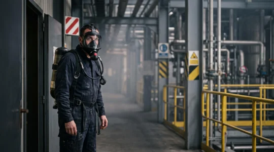 Salarie d'une entreprise industrielle francaise portant un appareil respiratoire isolant avant une intervention en zone a risque