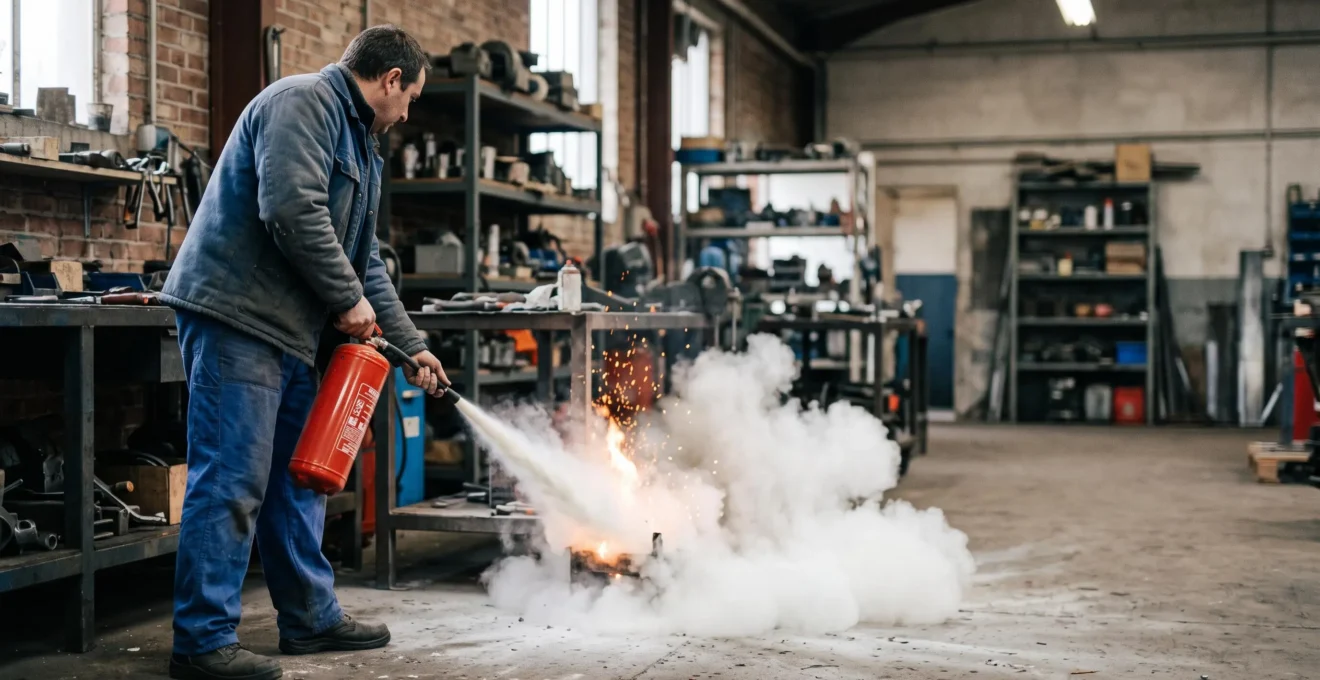 Salarié en tenue de travail utilisant un extincteur à poudre pour maîtriser un départ de feu dans un atelier industriel français