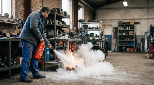 Salarié en tenue de travail utilisant un extincteur à poudre pour maîtriser un départ de feu dans un atelier industriel français