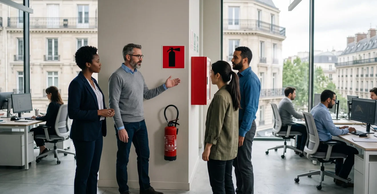 Salaries dans un bureau francais partageant un moment de vigilance collective autour de la securite incendie