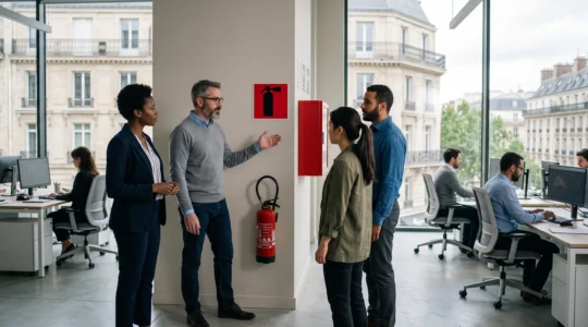 Salaries dans un bureau francais partageant un moment de vigilance collective autour de la securite incendie