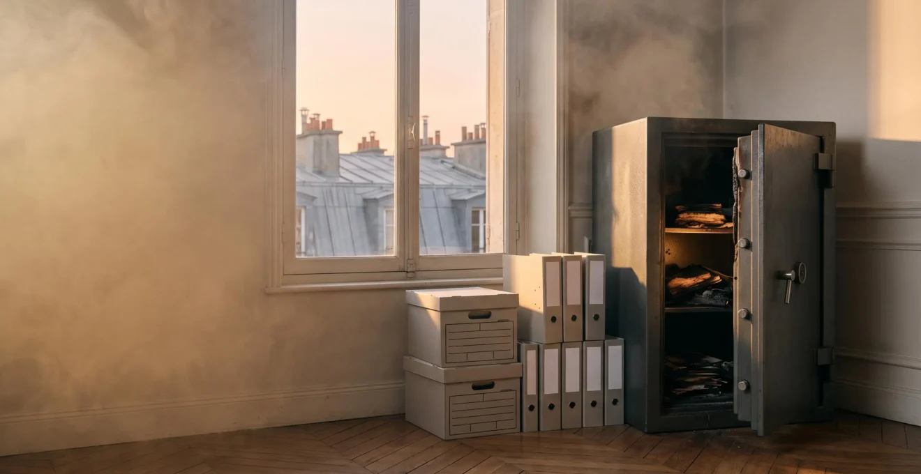Coffre-fort ignifuge entrouvert dans un bureau d'entreprise française partiellement obscurci par une lumière dorée, symbolisant la protection des documents vitaux après un incendie
