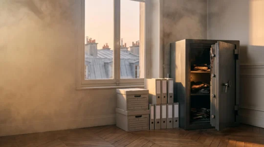 Coffre-fort ignifuge entrouvert dans un bureau d'entreprise française partiellement obscurci par une lumière dorée, symbolisant la protection des documents vitaux après un incendie
