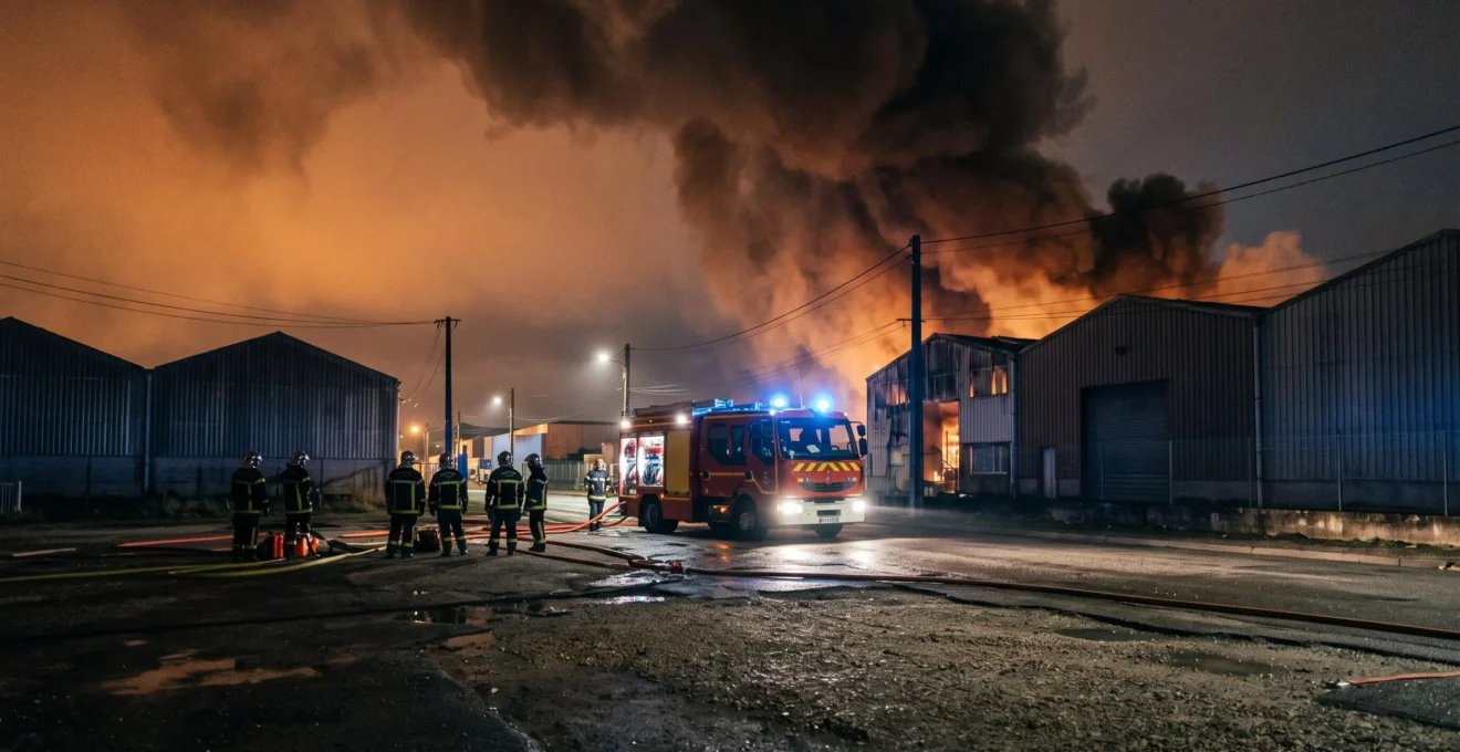 Entrepôt industriel français la nuit avec fumée dense et camion de pompiers, illustrant un scénario d'incendie inattendu