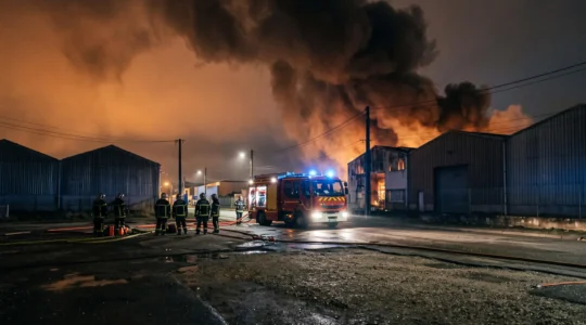 Entrepôt industriel français la nuit avec fumée dense et camion de pompiers, illustrant un scénario d'incendie inattendu