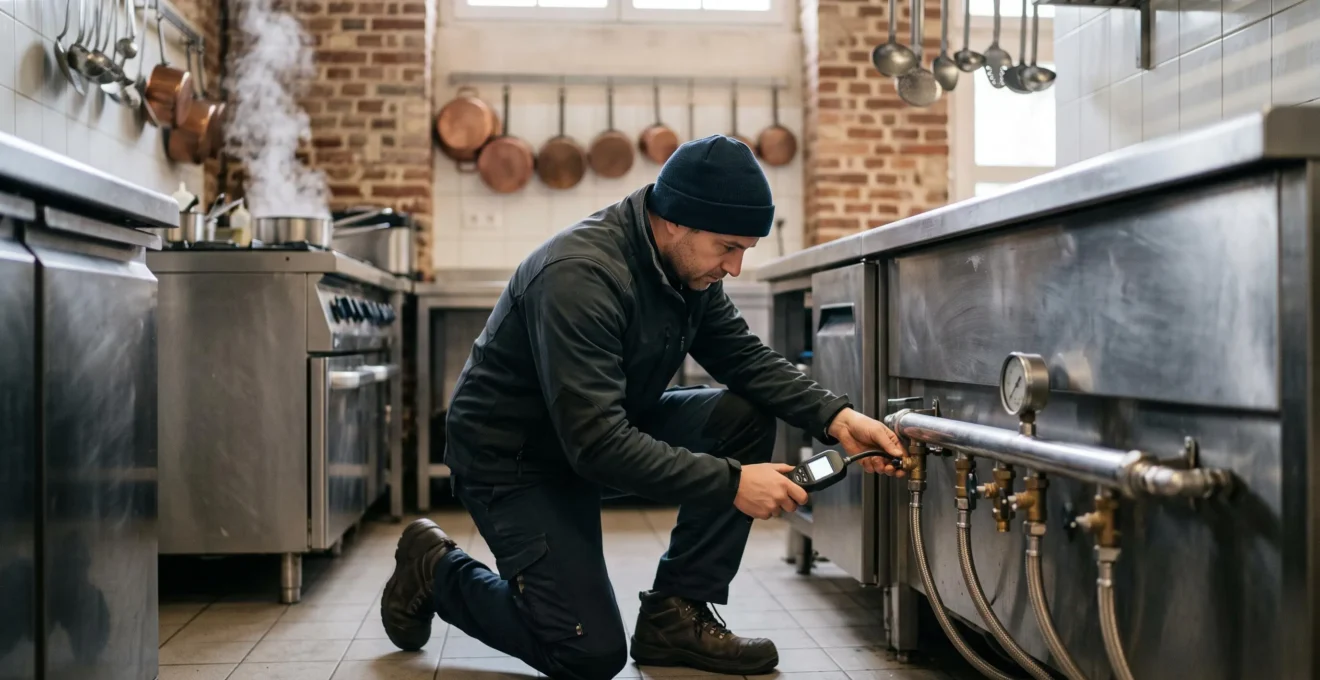 Technicien professionnel du gaz inspectant une installation de securite dans une cuisine de restaurant francais