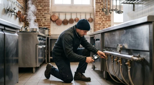 Technicien professionnel du gaz inspectant une installation de securite dans une cuisine de restaurant francais