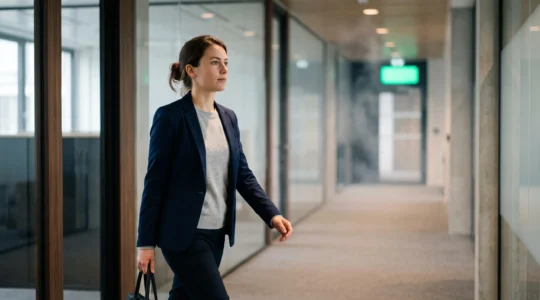 Salarié dans un bureau open-space en France réagissant avec calme et détermination face à un début d'incendie