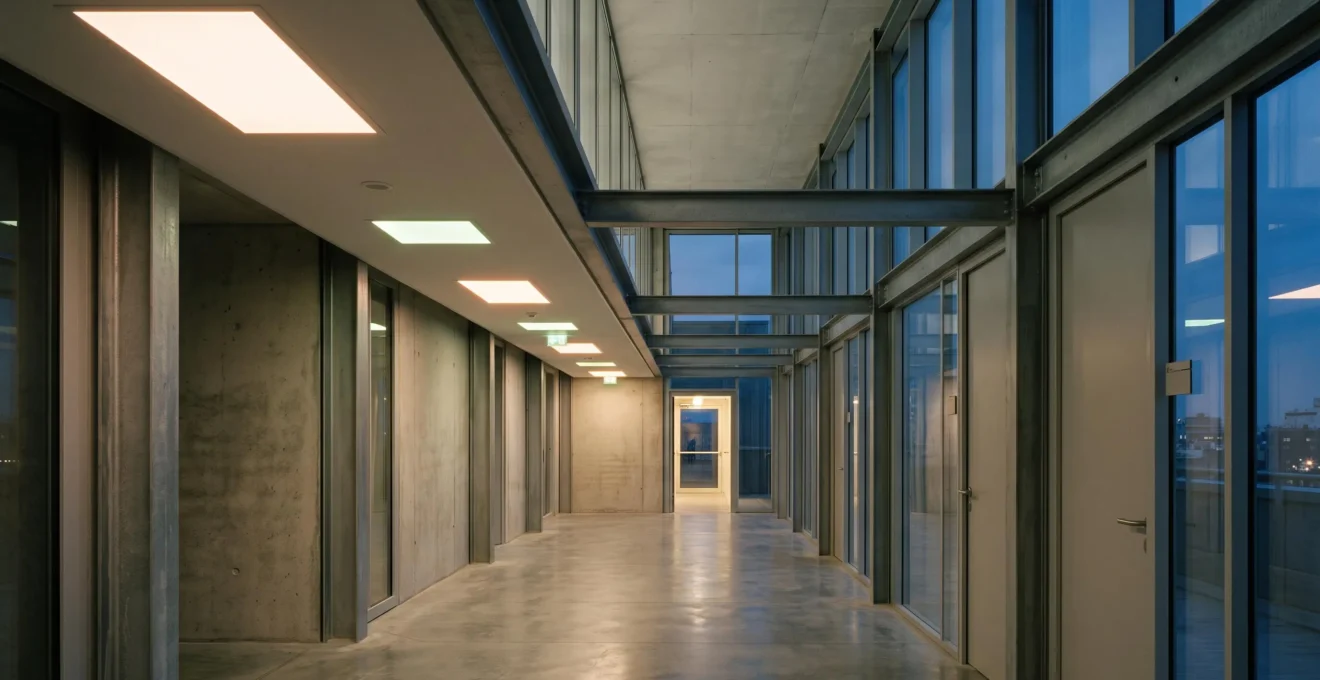 Couloir d'entreprise française avec un balisage lumineux de sécurité guidant vers une sortie de secours