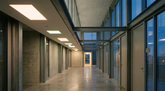 Couloir d'entreprise française avec un balisage lumineux de sécurité guidant vers une sortie de secours