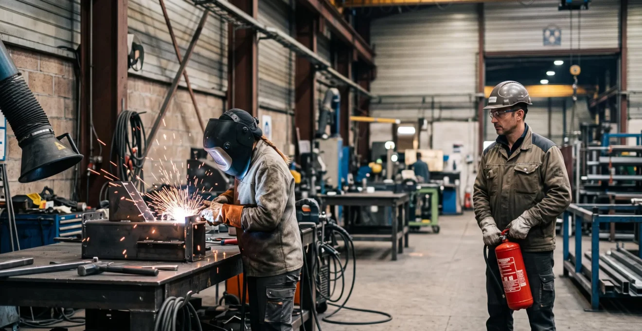 Operateur soudeur travaillant en securite sous permis de feu dans un atelier industriel francais, surveille par un responsable securite