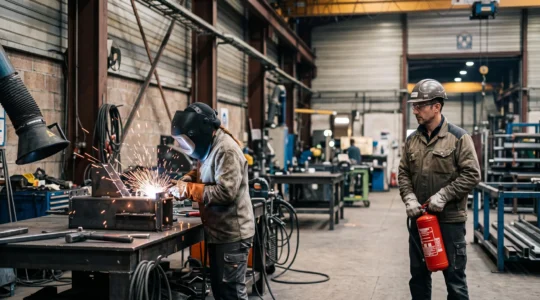 Operateur soudeur travaillant en securite sous permis de feu dans un atelier industriel francais, surveille par un responsable securite