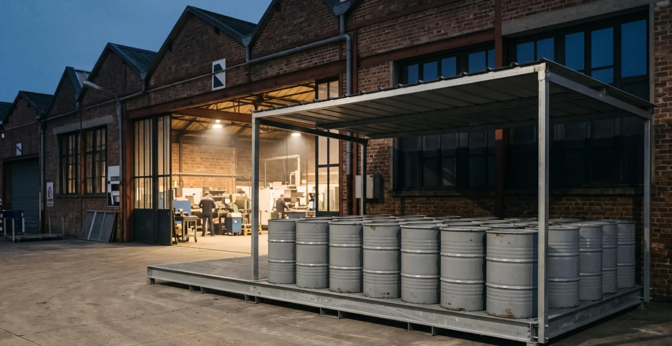 Fûts d'huile industrielle stockés en toute sécurité dans un atelier français avec zone de rétention et distance de sécurité