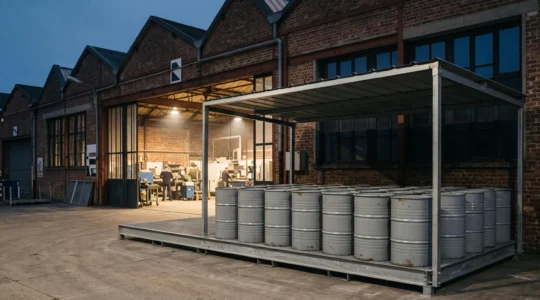 Fûts d'huile industrielle stockés en toute sécurité dans un atelier français avec zone de rétention et distance de sécurité
