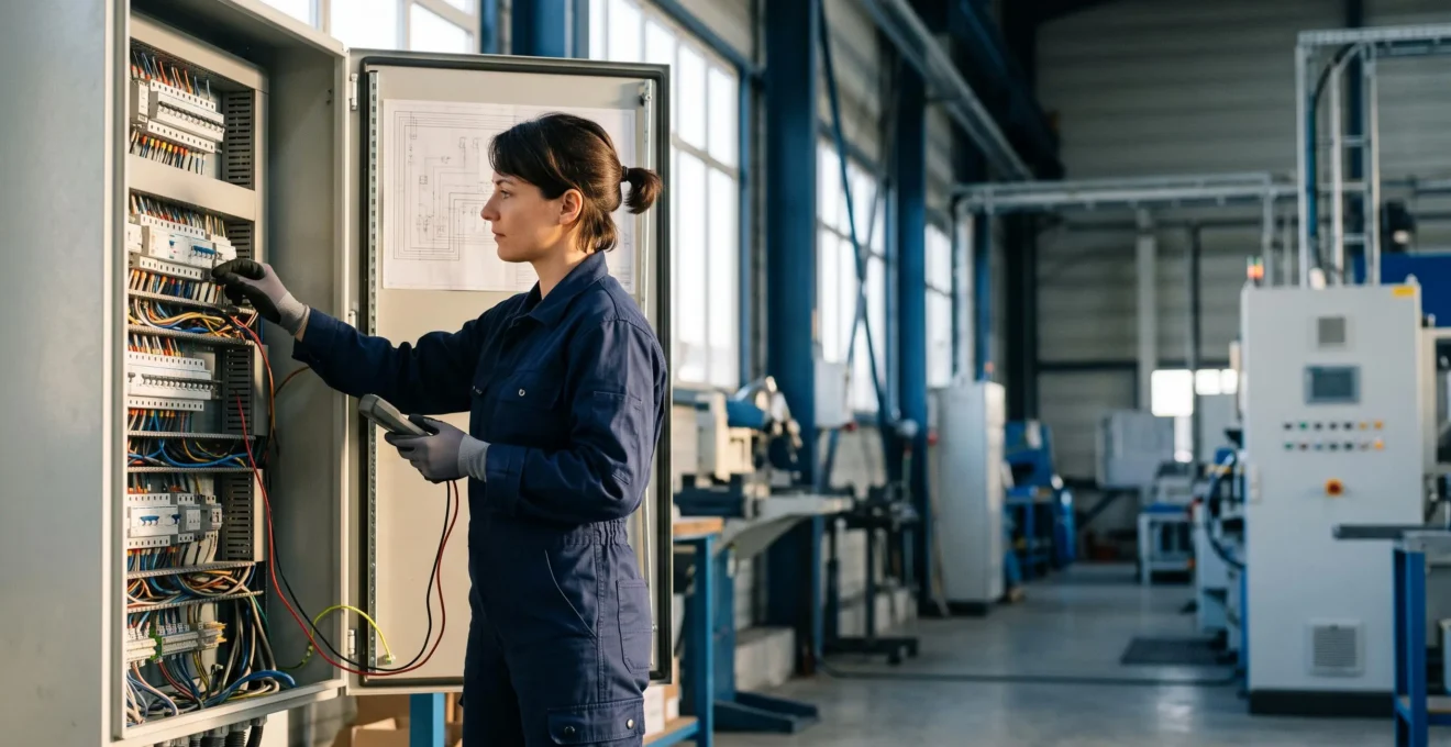 Technicien de maintenance inspectant une armoire électrique dans un site industriel français pour prévenir un départ de feu