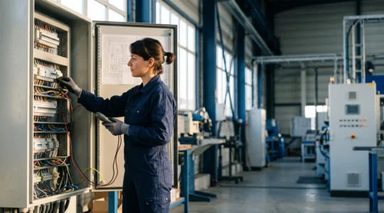 Technicien de maintenance inspectant une armoire électrique dans un site industriel français pour prévenir un départ de feu