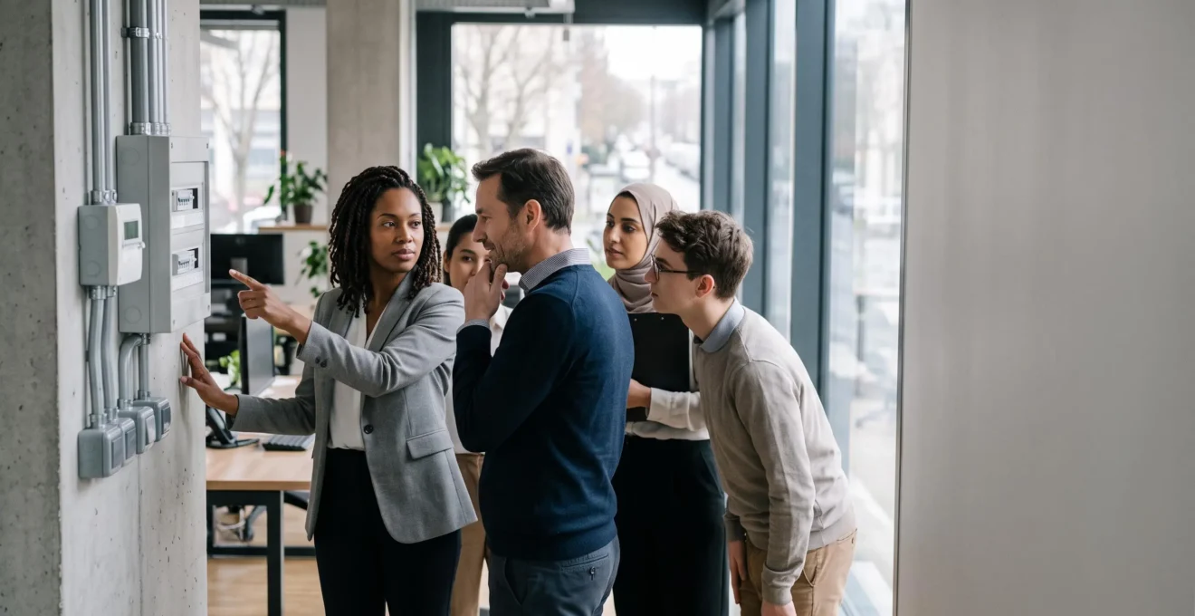 Des employés dans un bureau français observent attentivement leur environnement de travail dans une démarche collective de prévention incendie