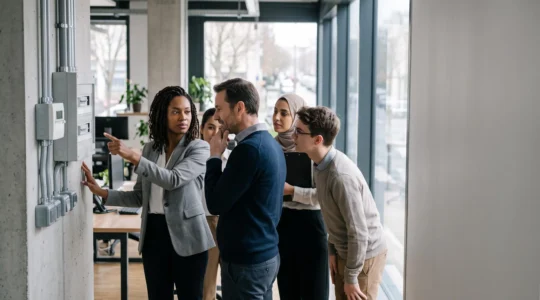 Des employés dans un bureau français observent attentivement leur environnement de travail dans une démarche collective de prévention incendie