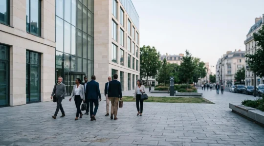 Salariés d'une entreprise française évacuant calmement un bâtiment moderne lors d'un exercice de vigilance incendie, dans la lumière du petit matin